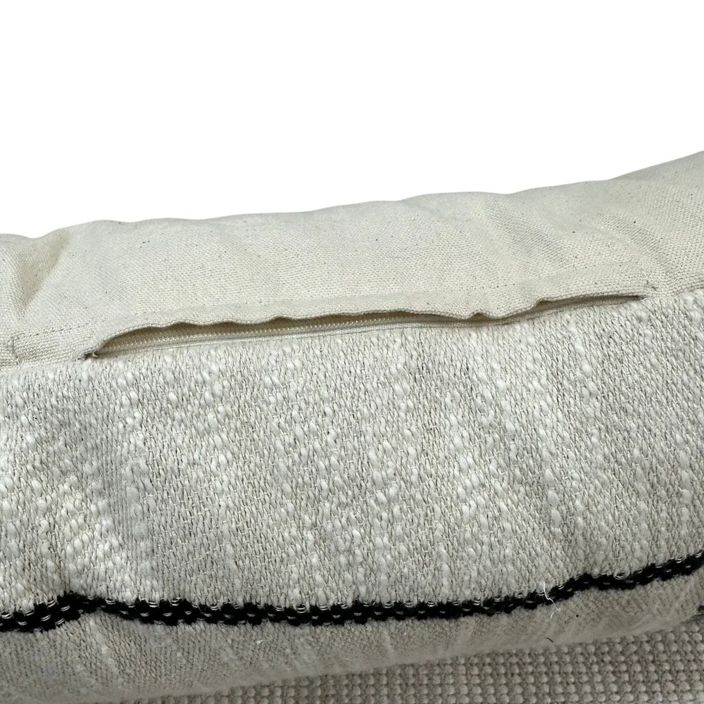 Woven Lumbar Pillow Black Cream Plaid Tassel Trim Textured Boho Accent 22x13